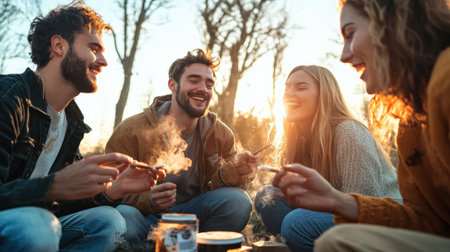 group of friends passing around a marijuana joint at an outdoor gatheringの素材