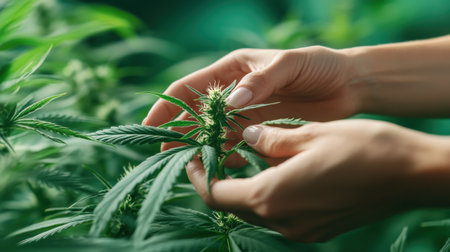 Close-up of hands inspecting a cannabis plant, with focus on the buds and leavesの素材