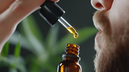 Medical marijuana patient taking CBD oil drops under their tongueの素材