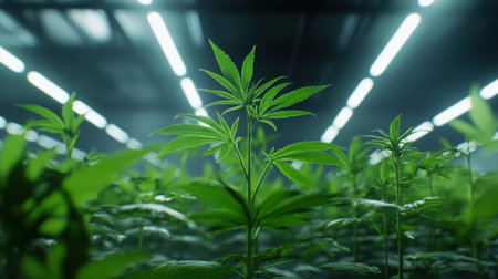 Marijuana plants growing under bright lights in a controlled indoor environmentの素材