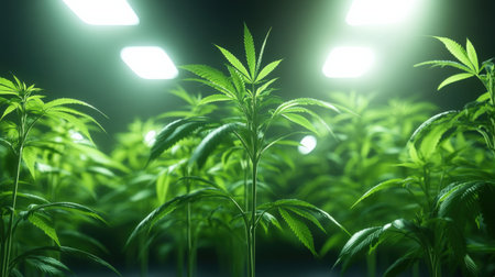 Marijuana plants growing under bright lights in a controlled indoor environmentの素材