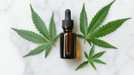 Cannabis oil in a dropper bottle, with fresh marijuana leaves arranged around itの素材