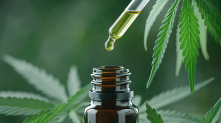 Cannabis oil in a dropper bottle, with fresh marijuana leaves arranged around itの素材