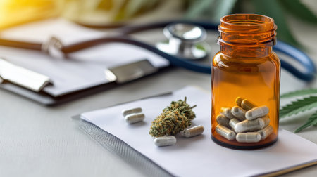 Medical marijuana in a prescription bottle, with a doctor stethoscope and clipboard nearbyの素材
