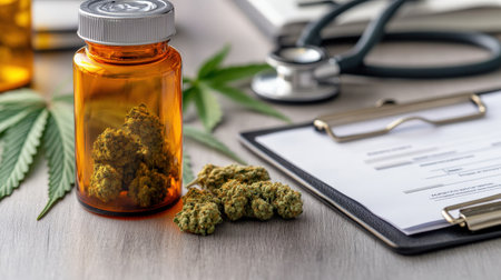 Medical marijuana in a prescription bottle, with a doctor stethoscope and clipboard nearbyの素材
