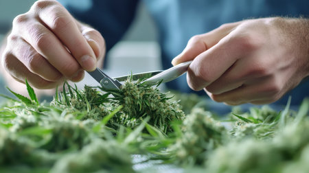 Close-up of hands trimming cannabis buds with precision scissorsの素材