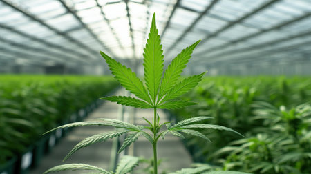 Close-up of a marijuana leaf in a well-lit greenhouse, with other plants in the backgroundの素材
