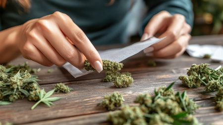 Person rolling a marijuana joint on a wooden table, with rolling paper and buds nearbyの素材