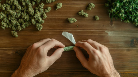 Person rolling a marijuana joint on a wooden table, with rolling paper and buds nearbyの素材