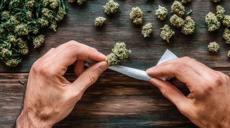 Person rolling a marijuana joint on a wooden table, with rolling paper and buds nearbyの素材