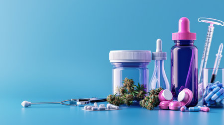 Medical cannabis bottle and healthcare tools, focusing on the legal, therapeutic use of marijuanaの素材