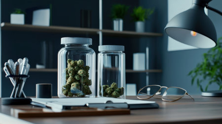 Prescription bottle with marijuana buds on a doctor desk, emphasizing legal healthcare useの素材