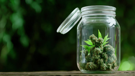 Close-up of prescription marijuana buds in glass jar, emphasizing legal medicinal cannabis for patientsの素材