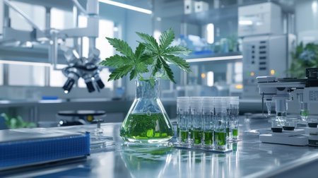 Green cannabis plant in lab environment, symbolizing regulated healthcare cultivationの素材