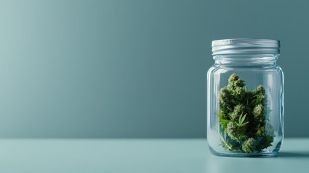 Close-up of prescription marijuana buds in glass jar, emphasizing legal medicinal cannabis for patientsの素材