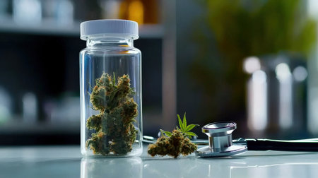 Prescription bottle with medical marijuana buds and stethoscope, representing safe cannabis use in healthcareの素材