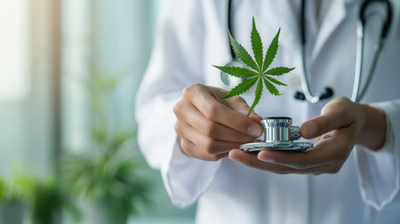 Close-up of hands holding marijuana leaf and stethoscope, representing the connection between cannabis and healthcareの素材