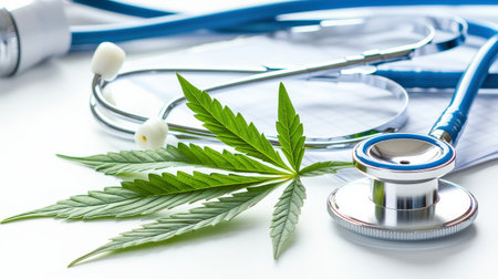 Cannabis leaf and stethoscope on white background, symbolizing the intersection of marijuana and medicineの素材