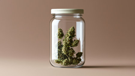 Glass jar with medical cannabis buds, set against a neutral background, symbolizing health-focused marijuana useの素材