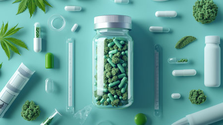 Prescription bottle filled with medical cannabis, surrounded by patient care supplies, highlighting therapeutic useの素材