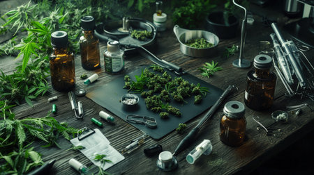 Table with marijuana buds, prescription bottles, and healthcare tools, representing medical use of cannabisの素材