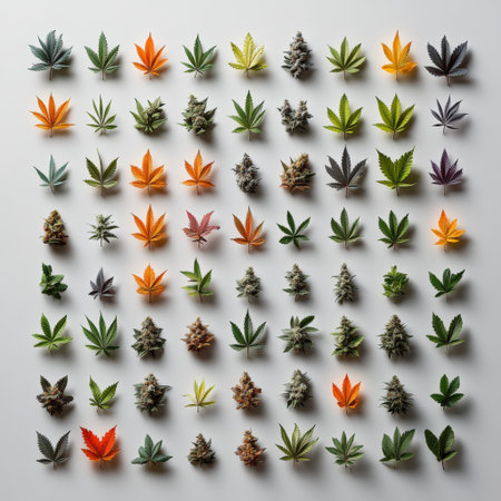 A colorful arrangement of marijuana plants is displayed in a grid pattern. The plants are of various colors and sizes, creating a vibrant and eye-catching displayの素材