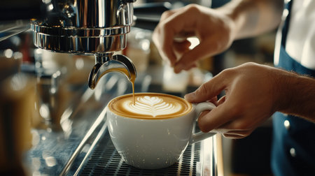 Close-up of a barista crafting the perfect latte art, behind the scenes of the city's coffee culture, warm and inviting.の素材