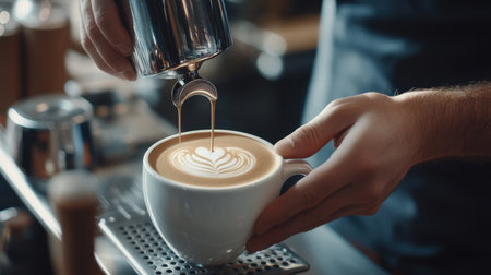 Close-up of a barista crafting the perfect latte art, behind the scenes of the city's coffee culture, warm and inviting.の素材