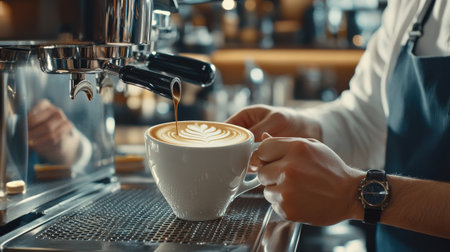 Close-up of a barista crafting the perfect latte art, behind the scenes of the city's coffee culture, warm and inviting.の素材
