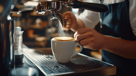 Close-up of a barista crafting the perfect latte art, behind the scenes of the city's coffee culture, warm and inviting.の素材