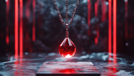 Mystical pendulum on a chain swings over a magic table. red tones neonの素材
