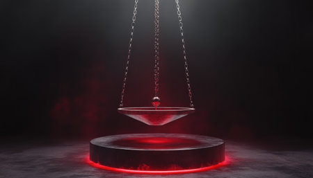 Mystical pendulum on a chain swings over a magic table. red tones neonの素材