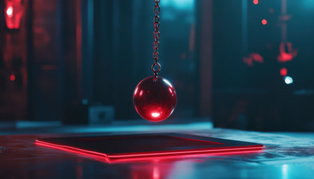 Mystical pendulum on a chain swings over a magic table. red tones neonの素材