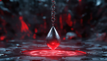 Mystical pendulum on a chain swings over a magic table. red tones neonの素材