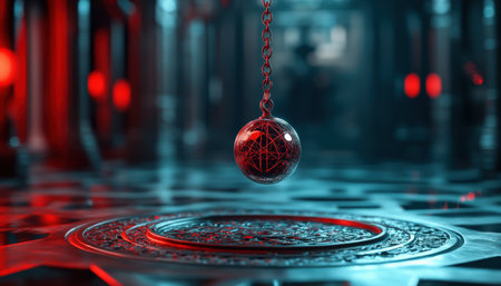 Mystical pendulum on a chain swings over a magic table. red tones neonの素材
