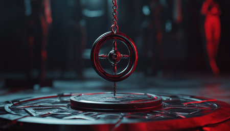 Mystical pendulum on a chain swings over a magic table. red tones neonの素材