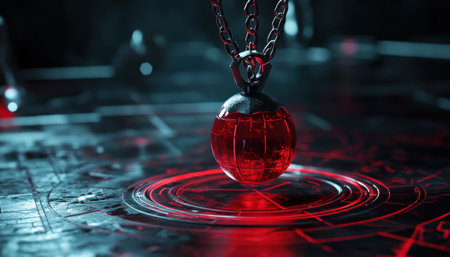 Mystical pendulum on a chain swings over a magic table. red tones neonの素材