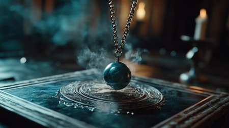 Mystical pendulum on a chain swings over a magic table.の素材
