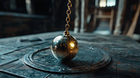 Mystical pendulum on a chain swings over a magic table.の素材