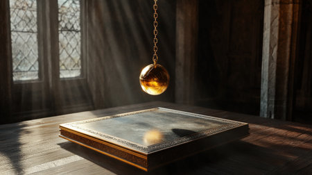 Mystical pendulum on a chain swings over a magic table.の素材