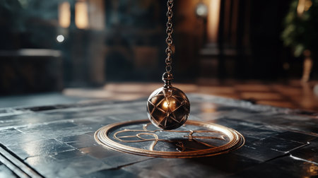 Mystical pendulum on a chain swings over a magic table.の素材