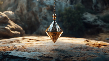 Mystical pendulum on a chain swings over a magic table.の素材