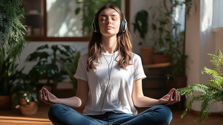 A young woman listens to chillhop music on her headphones and meditatesの素材