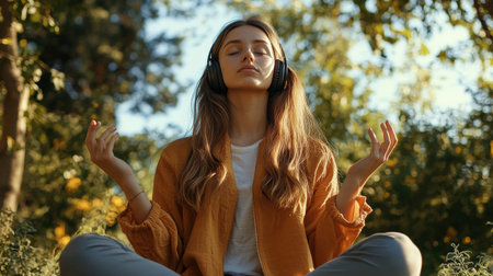 A young woman listens to chillhop music on her headphones and meditatesの素材