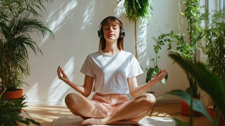 A young woman listens to chillhop music on her headphones and meditatesの素材