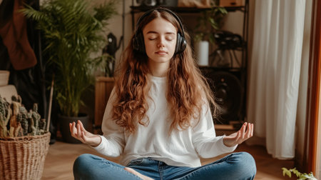 A young woman listens to chillhop music on her headphones and meditatesの素材