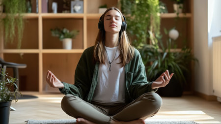 A young woman listens to chillhop music on her headphones and meditatesの素材