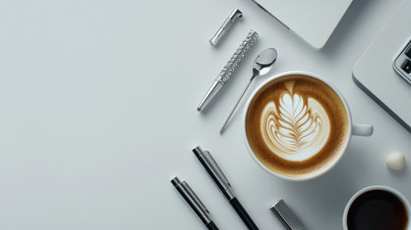 Latte art tools including stencils and pens, with a freshly made latte in a designer coffeeの素材