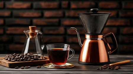 Copper coffee filter and pour-over kettle set, positioned next to a glass coffee carafe and freshly brewed coffeeの素材