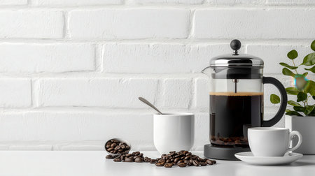Artisanal coffee brewing setup with a French press, artisan beans, and a branded coffee cup on a white tableの素材
